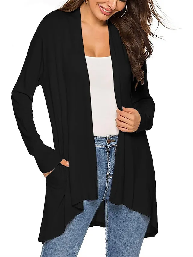 Women's Cardigan Sweater Open Front Ribbed Knit Knit Pocket Summer Fall Outdoor Daily Weekend Stylish Casual Soft Long Sleeve Solid Color Black White Wine S M L