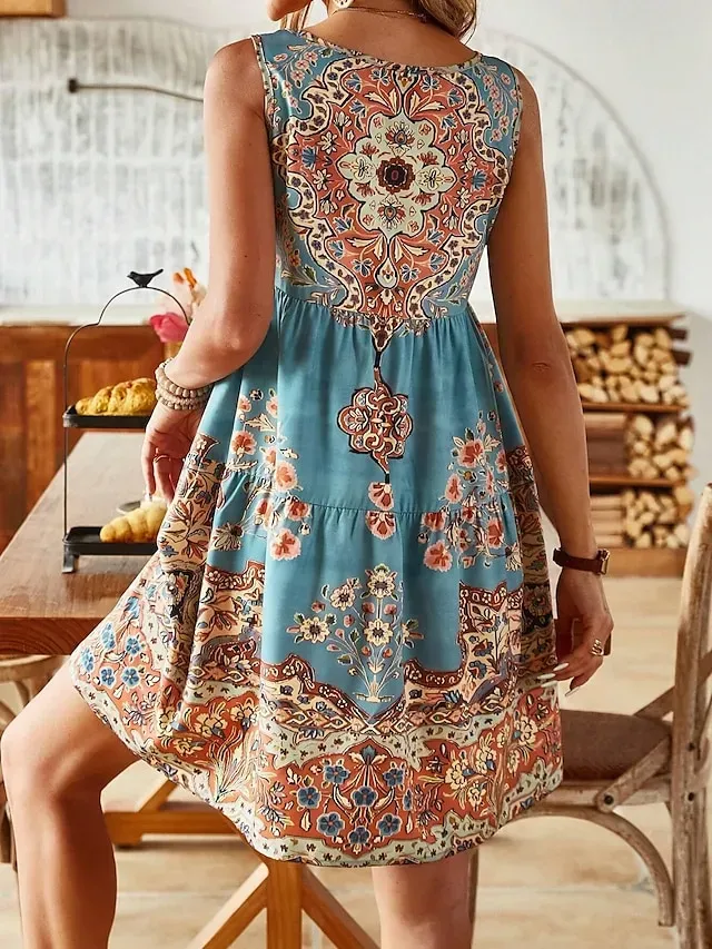 Women's Sundress Tank Dress Floral Ruched Print U Neck Midi Dress