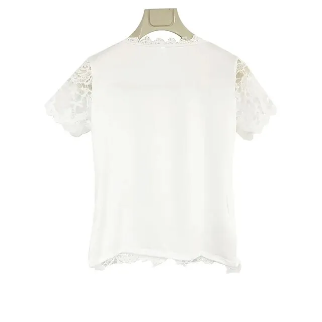 Women's Shirt Blouse Black White Pink Plain Lace Short Sleeve Casual Vintage Fashion Basic Round Neck Regular Fit