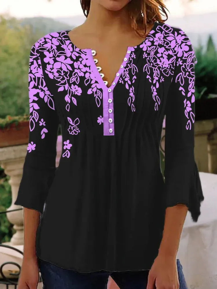 Round Neck Casual Creative Flower Print T-Shirt