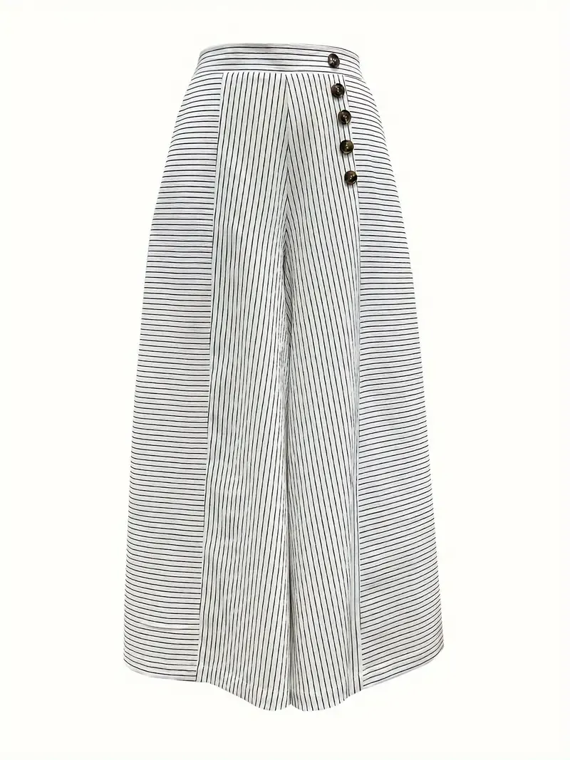 Women's Casual Striped Wide-Leg Pants - High-Waisted, Button Detail, Lightweight Polyester, Machine Washable - Perfect for Spring/Summer