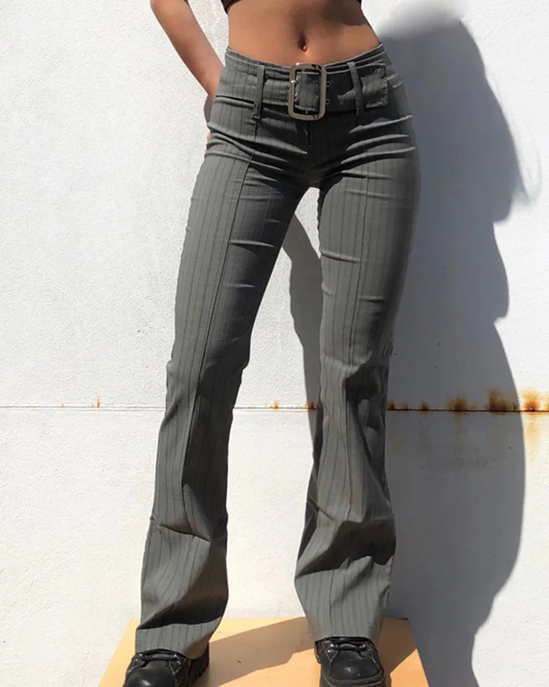 Striped Seam Front Buckle Belted Zip Up Flare Pants