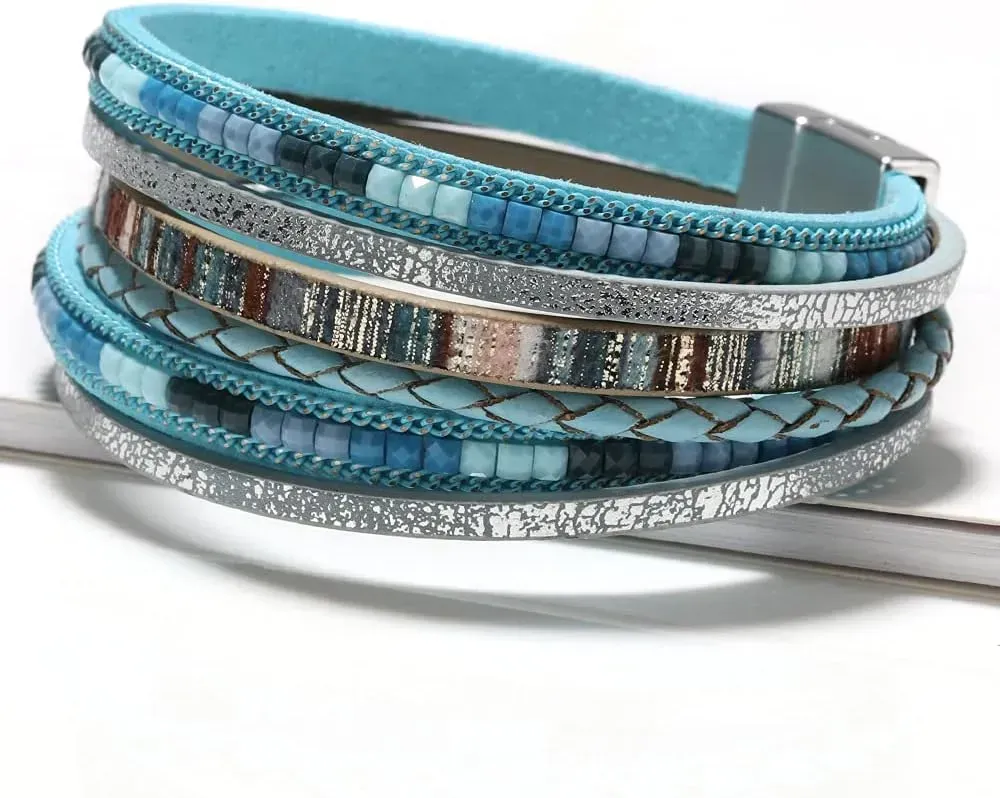 Fesciory Leather Wrap Bracelets for Women, Boho Leopard Multi-Layer Crystal Beads Cuff Bracelet Jewelry