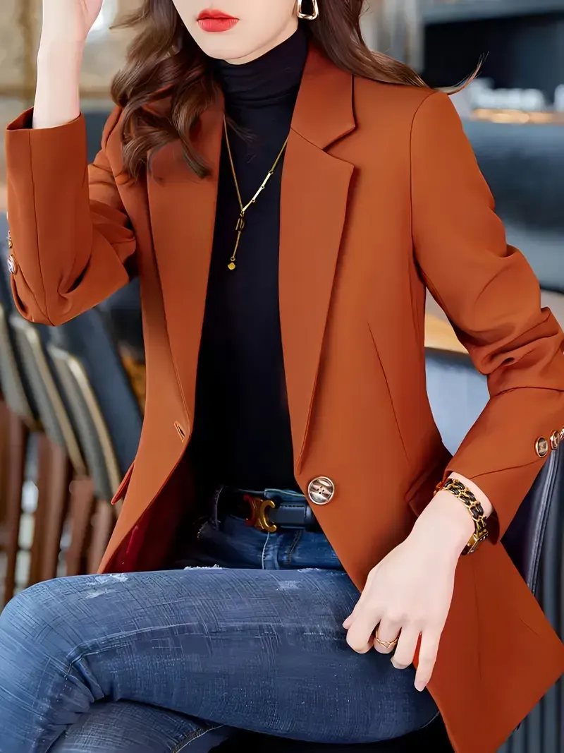 Notched Collar Button Front Blazer, Elegant Long Sleeve Blazer For Office & Work, Women's Clothing