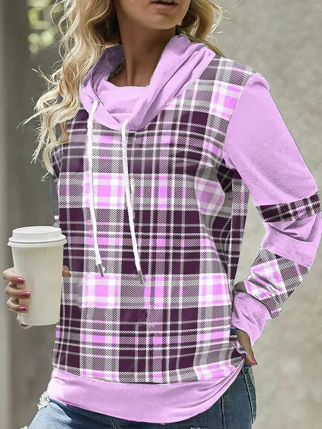 Women's Hoodie Sweatshirt Pullover Sports Basic Drawstring Red Blue Purple Plaid Street Casual Hoodie Long Sleeve Top Micro-elastic Fall & Winter