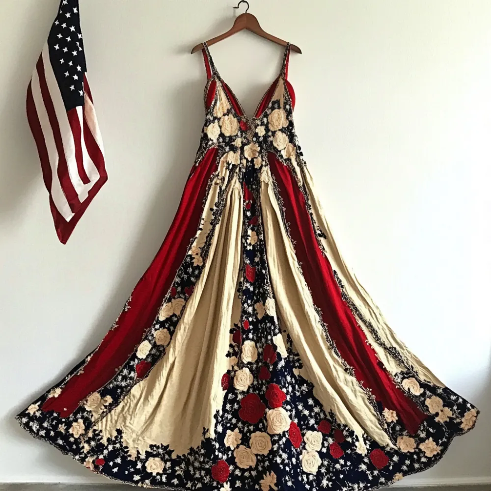 Women's Vintage Independence Day Flag Floral Pattern Suspender Dress