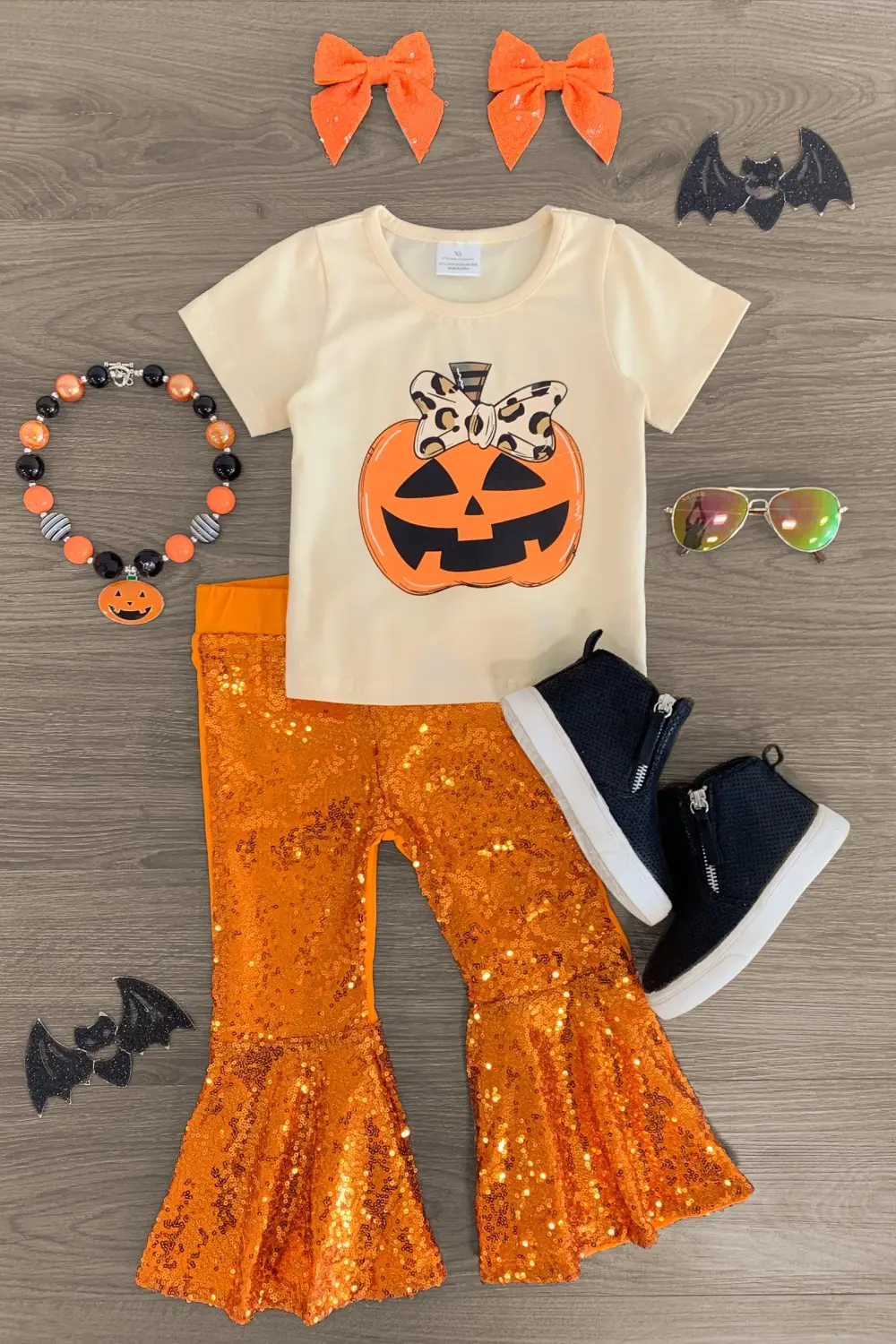 Orange Sequin Jack-O'-Lantern Bell Bottom Set