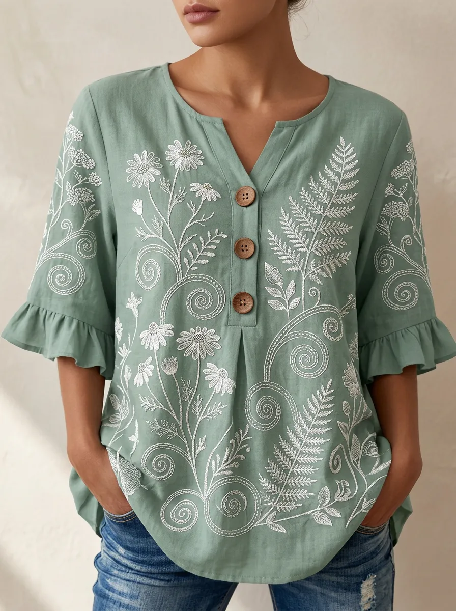 Women's Nashville Floral Fern Embroidered Printed Top