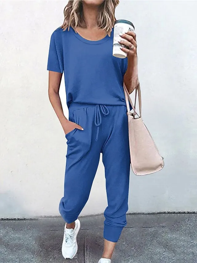 Women's Loungewear Sets Pure Color Fashion Casual Comfort Street Daily Date Polyester Breathable Crew Neck Short Sleeve T shirt Tee Pant Pocket Elastic Waist Summer Fall Black Pink