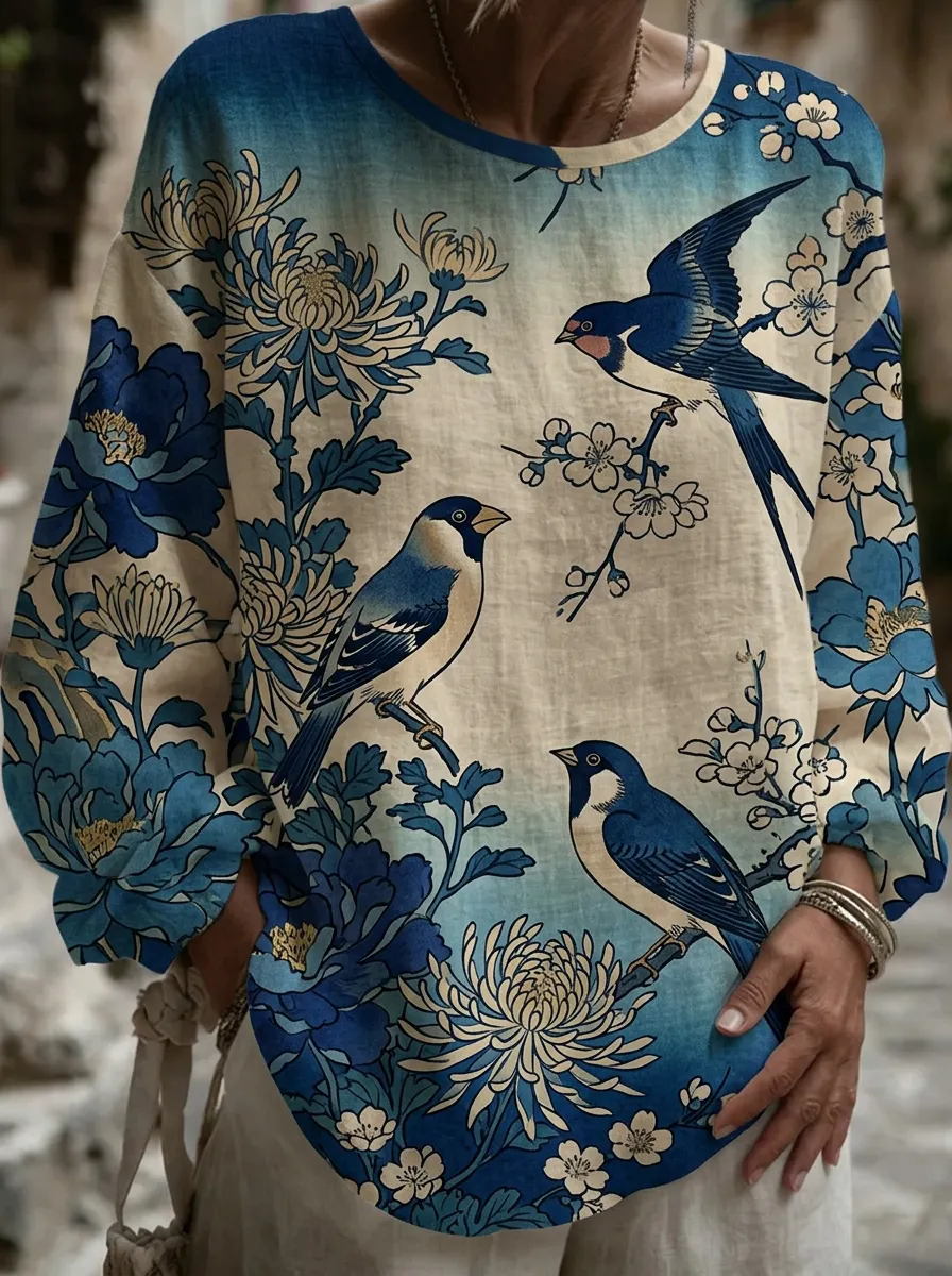 Women's Nashville Nature Lover Blue Bird Floral Printed Long Sleeve Top