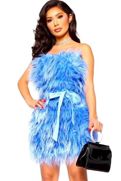 Faux Fur Mini Dress with Belt - Blue