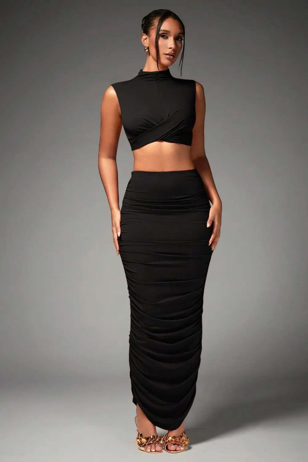 BAE Women's Mock Neck Pleated Crop Top And Skirt Set