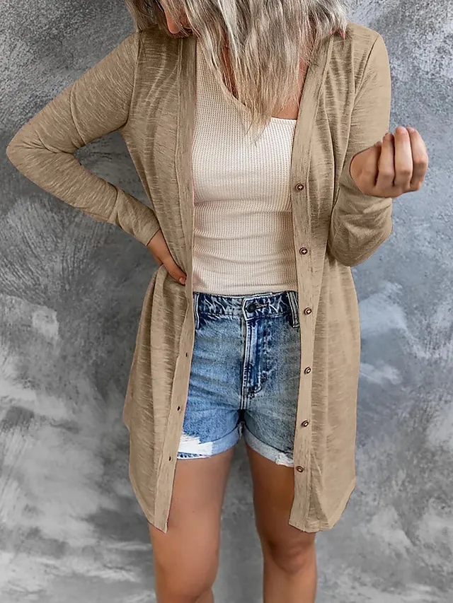 Women's Cardigan Sweater Cowl Ribbed Knit Polyester Button Summer Spring Outdoor Home Halloween Casual Soft Long Sleeve Solid Color Black White Light Green S M L