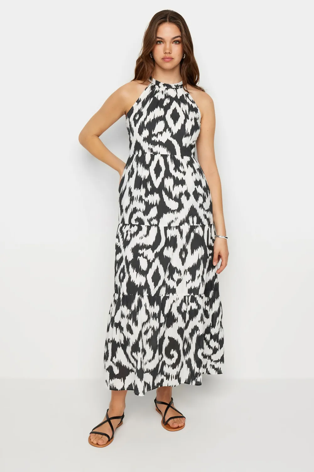 LTS Tall Black & White Cotton Abstract Print Halterneck Dress