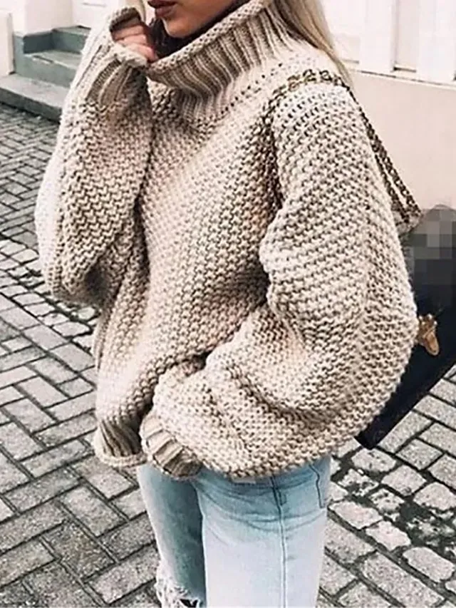 Women's Pullover Sweater Jumper Stylish Casual Soft Solid Color Ribbed Turtleneck Oversized Long Sleeve Regular Tops Knit Daily Going out Weekend Black Pink Fall Winter