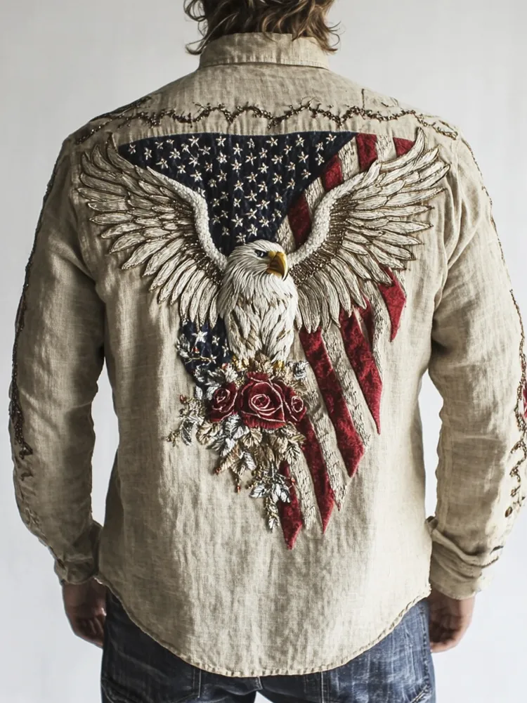 Western Style Flag & Bald Eagle Embroidered Art Men's Long Sleeve Shirt