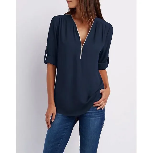 Women‘s Blouse Shirt Zipper Basic Plain Daily V Neck T-shirt Sleeve Regular Summer White Black Pink Grey Dark Blue