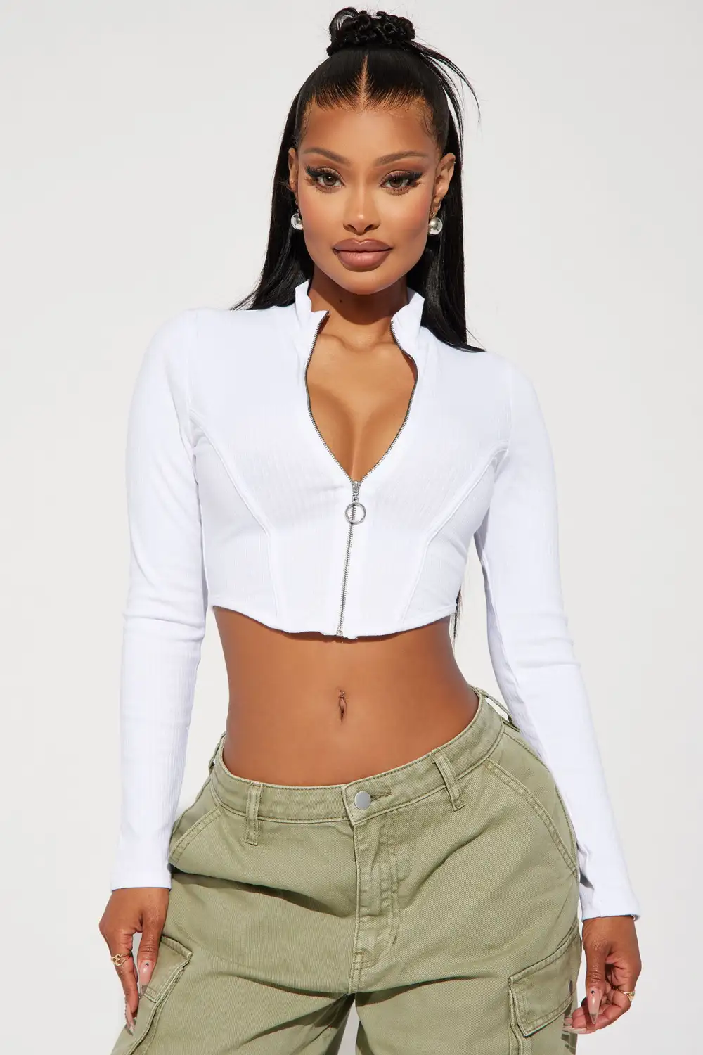 Chloe Ribbed Zip Up Top - White