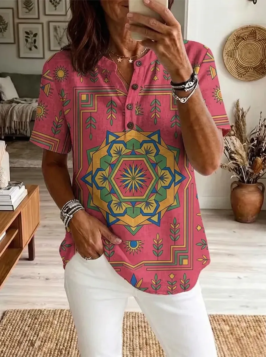 Women's Nashville Boho Mandala Geometric Printed Henley Shirt
