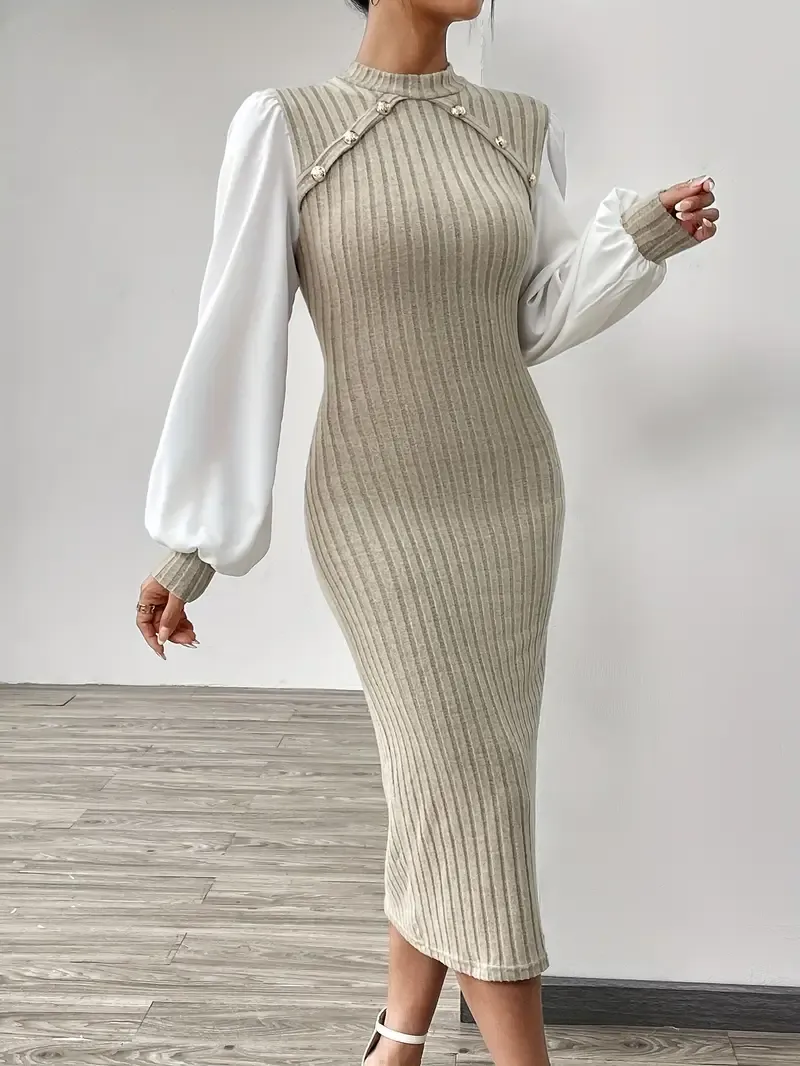 Elegant Women's Midi Dress with Ribbed Detail - Chic Mock Neck, Long Sleeve, Stretchy Pencil Skirt Style in Beige and White - Machine Washable for Spring & Autumn