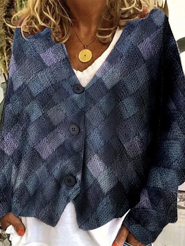 Women's Casual Jacket Vacation Street Daily Wear Fall Winter Regular Coat V Neck Loose Fit Windproof Breathable Stylish Sporty Chic & Modern Jacket Long Sleeve Stripes and Plaid Print Gray