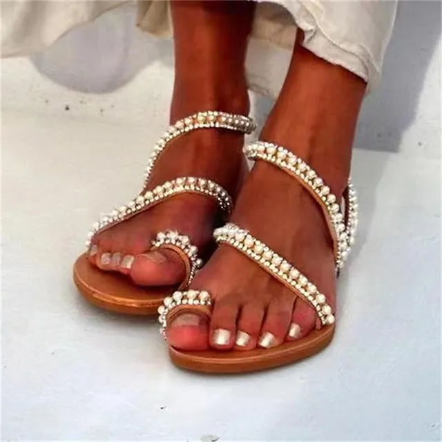 Women's Sandals Boho Bohemia Beach Plus Size Daily Beach Wedding Sandals Summer Pearl Flat Heel Open Toe Elegant Casual Minimalism Synthetics Loafer Solid Colored Light Brown