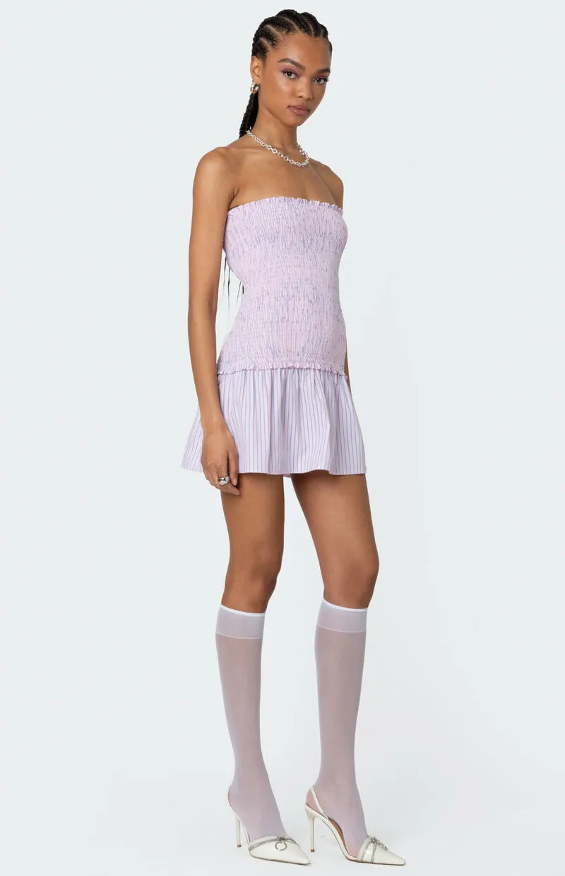 Edikted Striped Scrunch Strapless Mini Dress