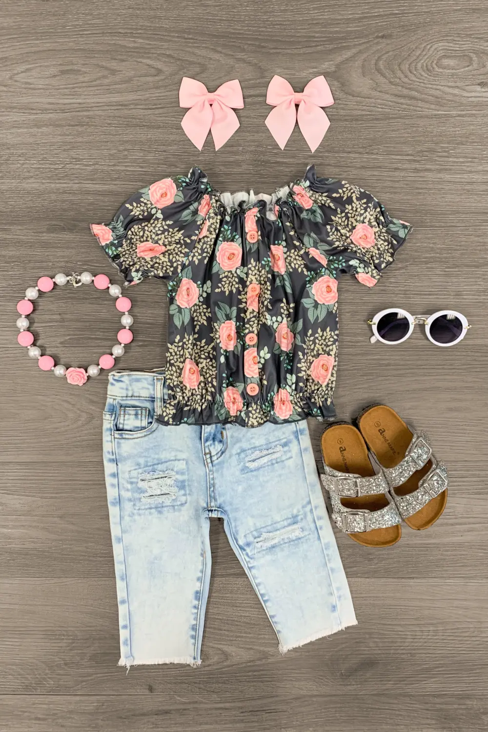 Gray Floral Bleached Distressed Denim Set