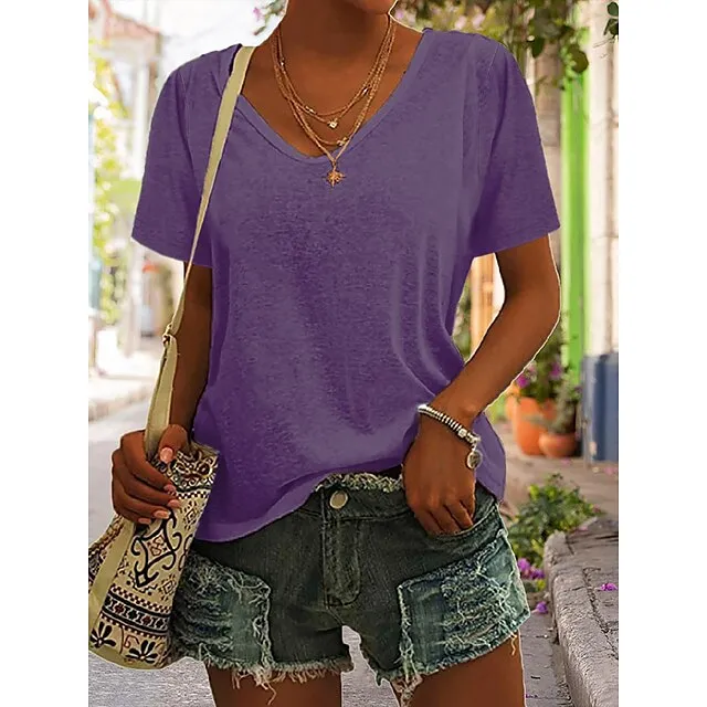 Women's Blouse T shirt Tee Basic Plain Daily V Neck T-shirt Sleeve Regular Summer White Black Blue Purple Dark Red