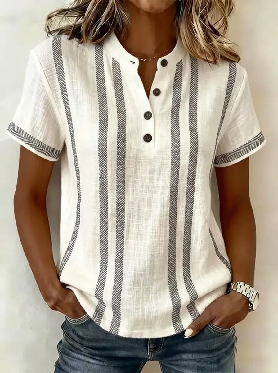 Women's Nashville Travel Herringbone Striped Printed Henley Shirt