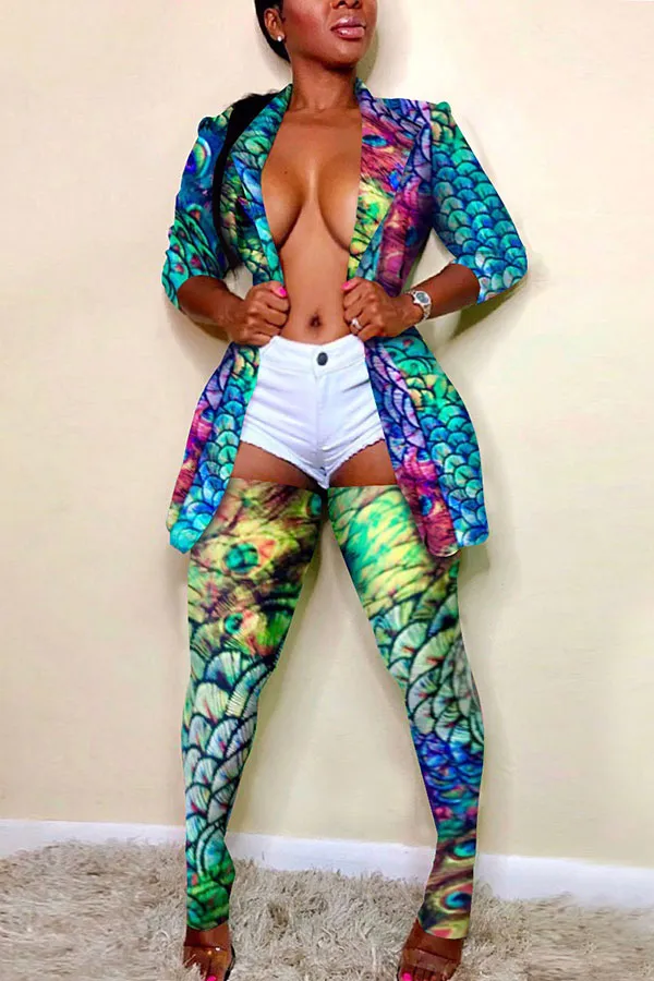 Camouflage Lapel Party Coat & Pantyhose Suit