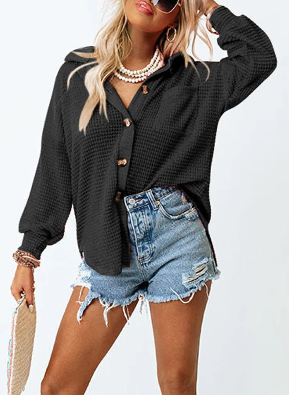 Womens Waffle Knit Button Down Shirts Casual Long Sleeve Shacket Jacket Boyfriend Tops Blouses Loose Fit