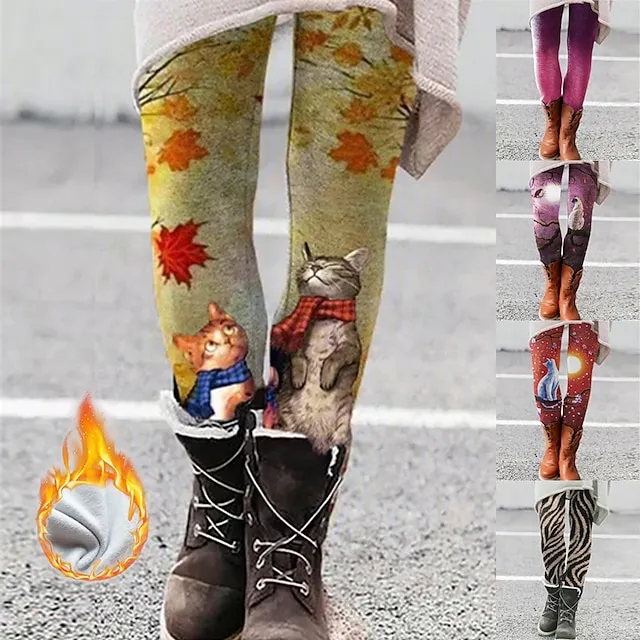 Women's Fleece Lined Leggings Warm Full Length Winter Leggings Print Micro-elastic Mid Waist Fashion Christmas Gifts Christmas Black Yellow S M Winter