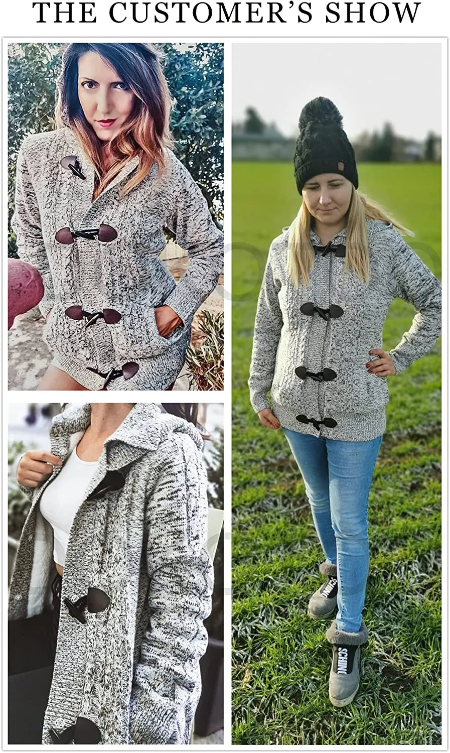 Womens Hooded Cardigans Button Up Cable Knit Sweater Coat Outerwear with Pockets