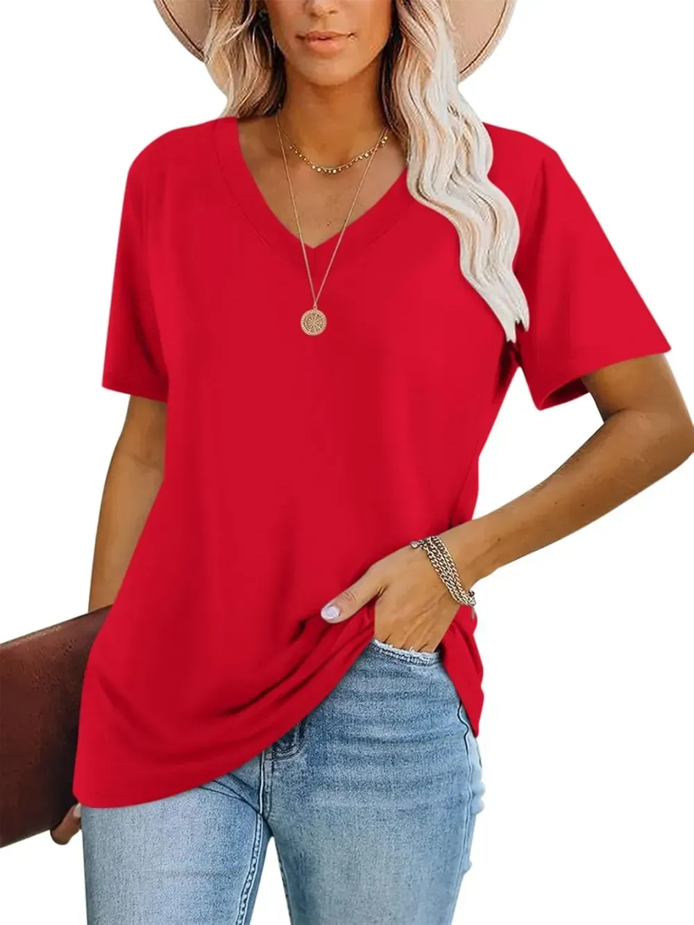 ORANDESIGNE Women's Color Block Short Sleeve T Shirts Casual V Neck Summer Tops Tees Loose Fit Blouses