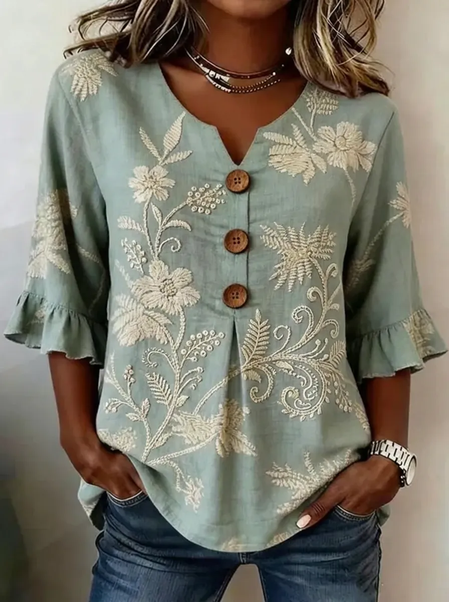 Women's Nashville Floral Embroidery Button-Down Ruffle Sleeve Top