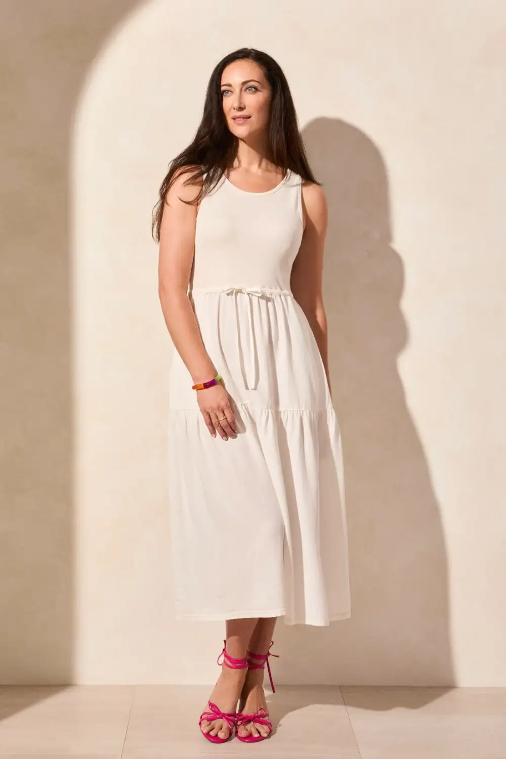 Mixmedia Sleeveless Boat Neck Tiered Midi Dress-Cocomilk