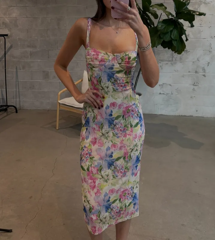 Floral Mesh Fitted Midi Dress