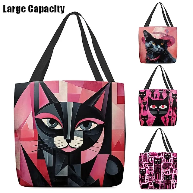 Women's Tote Shoulder Bag Canvas Tote Bag Polyester Oxford Cloth Shopping Holiday Print Large Capacity Foldable Lightweight Cat Black / Red Custom Print Light Pink