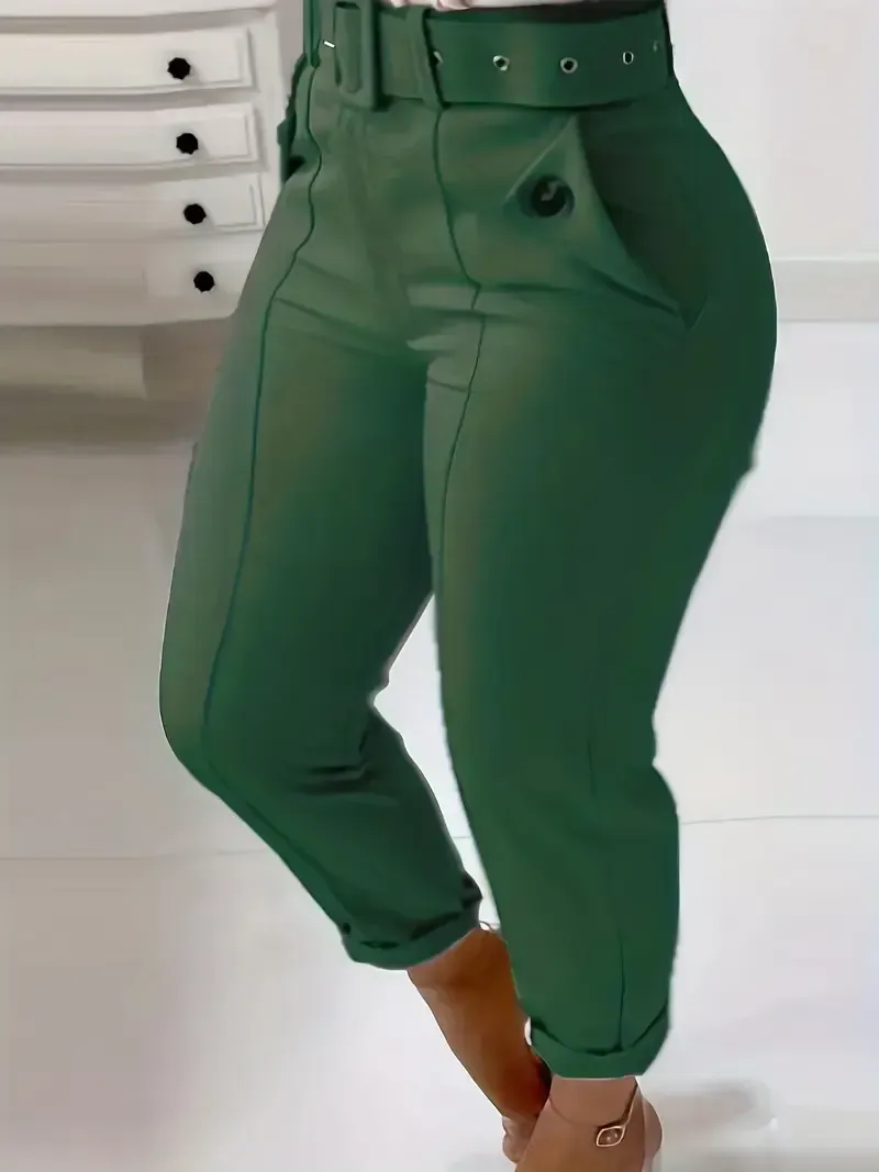 Skinny Leggings Pants - Solid Belted, Slant Pocket Button, Casual Every Day - Women's Clothing