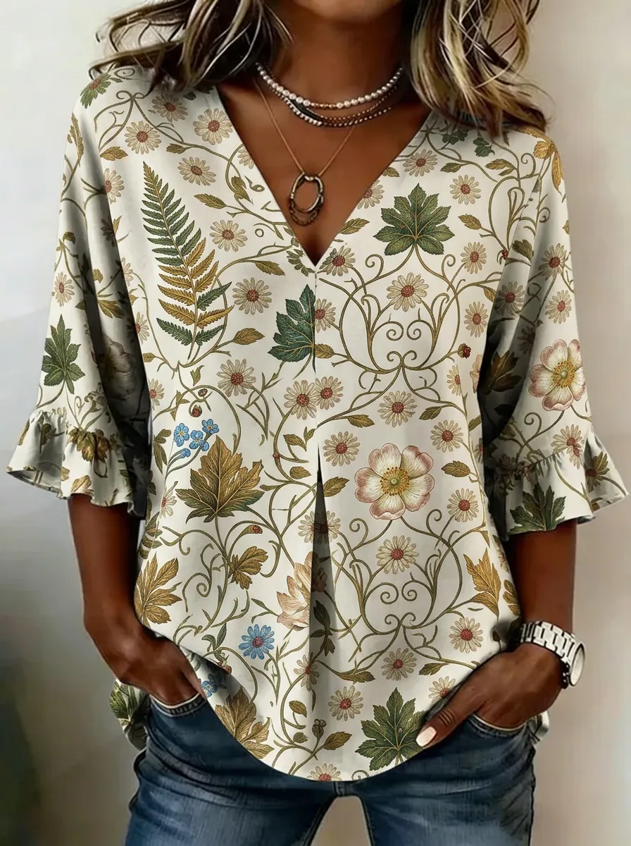 Women's Nashville Botanical Floral Leaf Printed V-Neck Top
