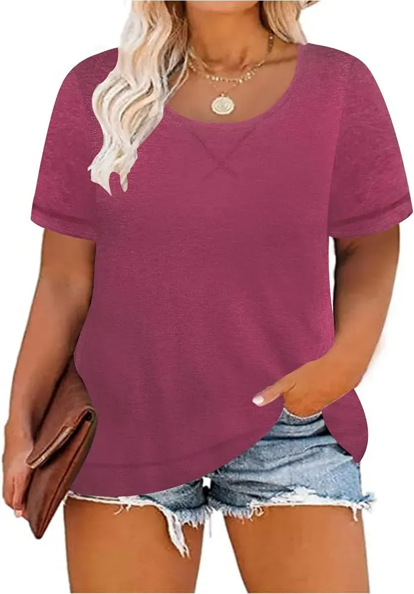 TIYOMI Plus Size T Shirt for Women Short Sleeve Tunic Cross Line Shirts Round Neck Tops Summer Blouse XL-5XL 14-28