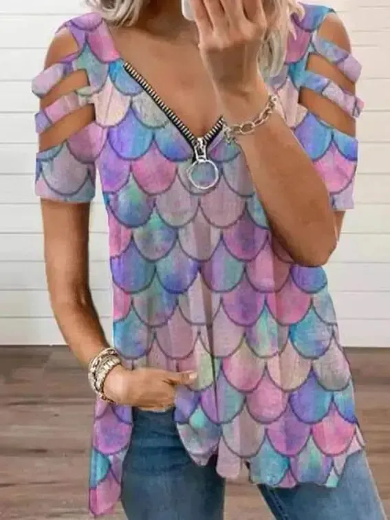 Women Short Sleeve V-neck Floral Printed Geometric Top