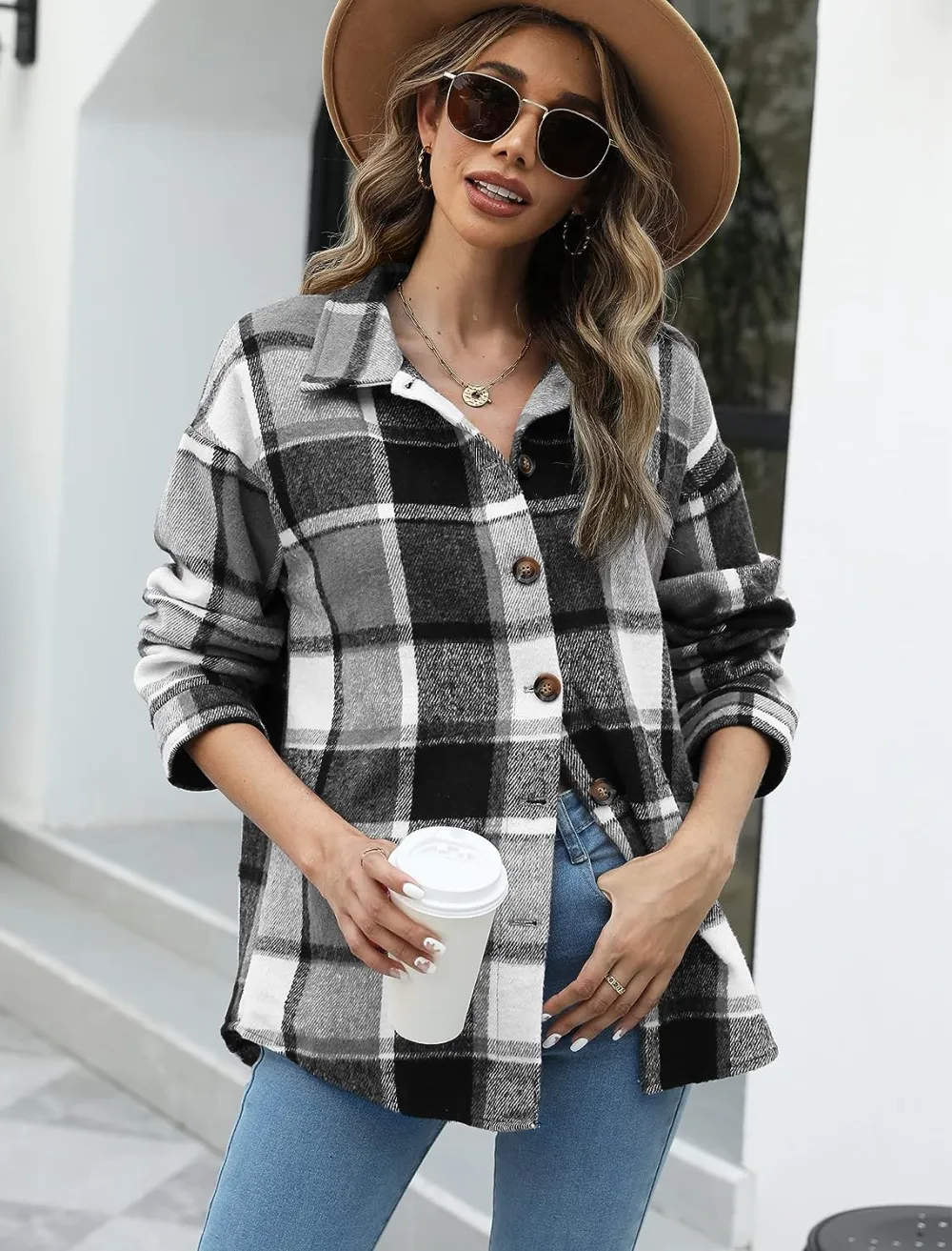 Women's Flannel Plaid Shacket Long Sleeve Button Down Chest Pocketed Shirts Jacket Coats