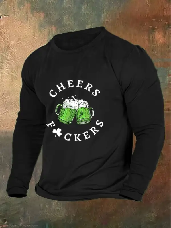 Men's Funny St. Patrick's Day Cheers Green Beer Shamrock Casual Long Sleeve T-Shirt