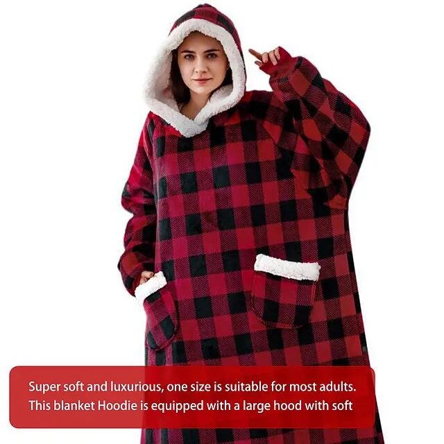 Oversized Wearable Blanket Christmas Flannel Thick Soft Warm Long Hoodie Blanket Big Hooded Sweatshirt Hoodie Blanket for Adults Women Girls Teenagers Teens Men Black
