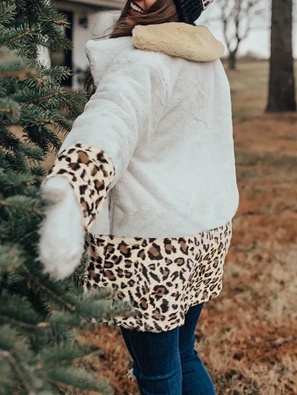 Casual Leopard-Painted Lapel Plush Thermal Long-Sleeve Coat