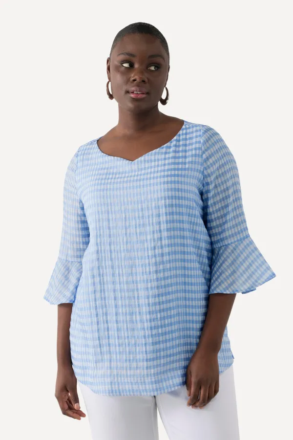 Blusenshirt Karo Herzausschnitt 3/4-Glockenarm