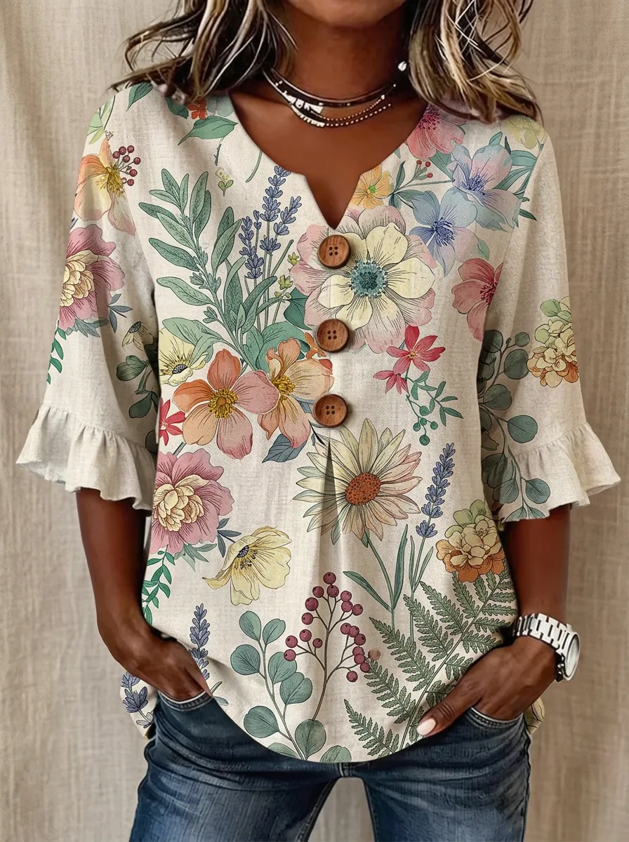 Women's Nashville Botanical Floral Printed Button V-Neck Top