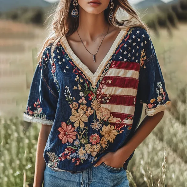 Women's Independence Day Flag Flower Embroidered Art Linen T-shirt